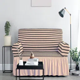 Cortina Beige & Brown Striped Stretchable Two Seater Sofa Cover-picture-3