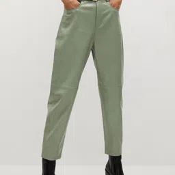 MANGO Women Olive Green Regular Fit Solid Coated Crop Trousers-picture-7