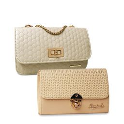 BANDICOOT Set of 2 Gold-Toned & Beige Textured PU Structured Sling Bag with Quilted-image-14