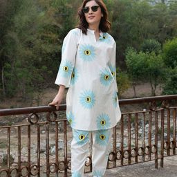 DIMPLE DESIGN STUDIO Mandarin Collar Floral Printed Pure Cotton Top With Trouser-image-23