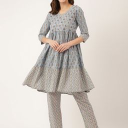 KALINI Ethnic Motifs Printed Sequinned Angrakha Pure Cotton A-Line Kurta with Trousers-image-47