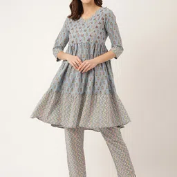 KALINI Ethnic Motifs Printed Sequinned Angrakha Pure Cotton A-Line Kurta with Trousers-13