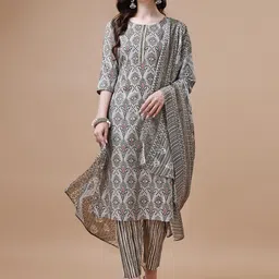 KALINI Ethnic Motifs Printed Pure Cotton Straight Kurta With Trousers & Dupatta-image-30