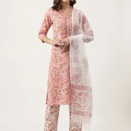 KALINI Floral Printed V-Neck Pure Cotton Straight Kurta & Trouser With Dupatta-image-36