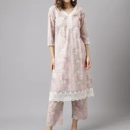 FIORRA Women Pink Floral Printed V-Neck Regular Pure Cotton Kurta With Trousers-picture-49