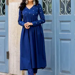 GAYRAA Floral Embroidered Empire Styled A-Line Pure Cotton Kurta With Trousers-55
