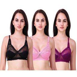 Piylu Pack Of 3 Floral Lace Cotton Everyday Bra With Full Coverage Non-Wired Non Padded-image-72