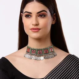 Arrabi Woman Multi Colour Oxidised Tribal Necklace-picture-4