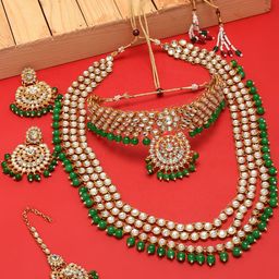 Zaveri Pearls Green Gold-Plated Bridal Kundan Choker 2 Necklaces Jewellery Set-18