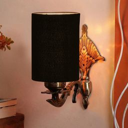 Devansh Black & Gold Toned Antique Wall Lamp With Cotton Conical Shade-47