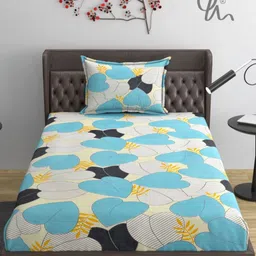 YaAkholic Turquoise Blue & Grey Floral 210 TC Single Bedsheet with 1 Pillow Covers-13