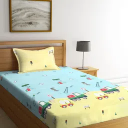 KLOTTHE Blue & Yellow Conversational 210 TC Polycotton 1 Single Bedsheet with 1 Pillow Covers-image-82