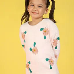 Nauti Nati Girls Floral Self Design Crochet & Jacquard-Knit Ribbed Acrylic Pullover-image-99