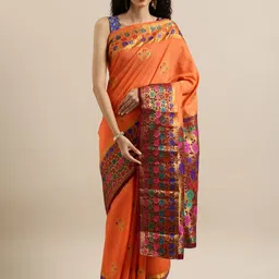 MIMOSA Orange & Gold-Toned Art Silk Woven Design Dharmavaram Saree-picture-35