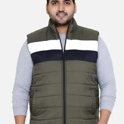 John Pride Men Plus Size Olive Green Blue Striped Puffer Jacket-image-89