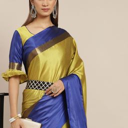 KALINI Yellow & Blue Silk Cotton Belted Saree-image-84