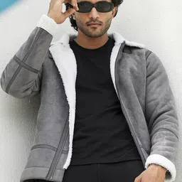 Campus Sutra Lapel Collar Faux Leather Trim Windcheater Biker Jacket-15