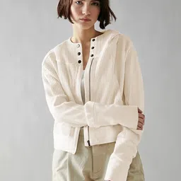 StyleCast Beige Collarless Bomber Jacket-35