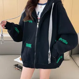 StyleCast Black Hooded Neck Long Sleeve Zip detail Cotton Bomber Jacket-12