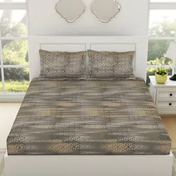 SPACES Beige Geometric 144 TC Pure Cotton Fitted King Bedsheet & 2 Pillow Covers-image-18