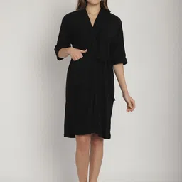ELEVANTO Women Black Shawl Collar Front Open Bath Robe-image-75