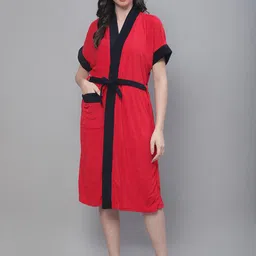 ELEVANTO Women Red Black Shawl Collar With Front Open Bath Robe-picture-1