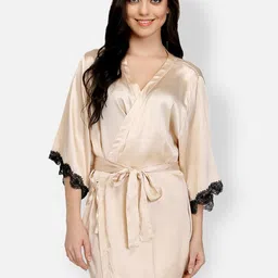 Ashtag Women Champagne Solid Satin Robe With Lace Detail-35