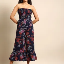 DODO & MOA Navy Blue & Brown Off-Shoulder Floral Printed Smocked Basic Jumpsuit-picture-9