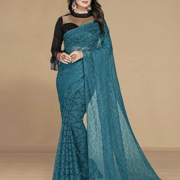 KALINI Teal Floral Printed Net Saree With Unstitched Blouse Piece-picture-16
