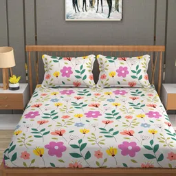 RIDHAAN White & Pink Floral 220 TC Cotton Queen Bedsheet with 2 Pillow Covers-image-83