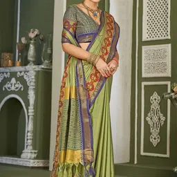 WINKLECART Olive Green Woven Design Zardozi Pure Designer Mysore Silk Saree-image-96