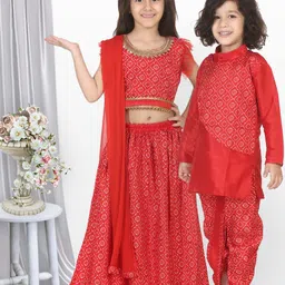 BownBee Girls Red & Gold-Toned Embellished Ready to Wear Lehenga & Blouse with Dupatta-picture-4