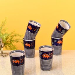 AAKRITI ART CREATIONS Blue & Orange Ethnic Motifs Printed Ceramic Glossy Kulladhs Set-image-82