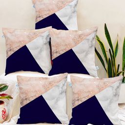 STITCHNEST Set Of 5 Blue & Beige Square Cushion Covers-33