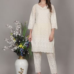 pinfit Ethnic Motifs Embroidered Chikankari Pure Cotton Straight Kurta With Trousers-picture-14