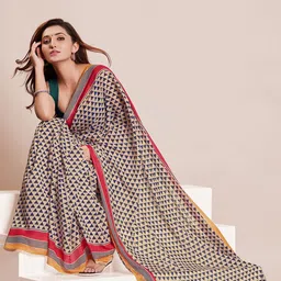 Mitera Cream-Coloured & Black Geometric Printed Saree-picture-22