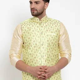 KRAFT INDIA Men Lime Green & Gold-Toned Embroidered Nehru Jacket-picture-22