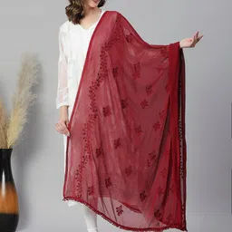 Dupatta Bazaar Embroidered Chiffon Dupatta With Pom Pom Lace image 1