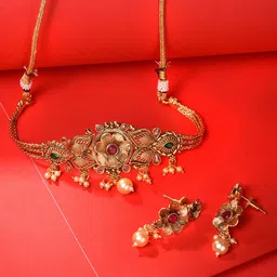 Saraf RS Jewellery Gold-Plated Red & Green AD Stone Studded Jewellery Set-52