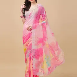 Mitera Pink & Yellow Tie and Dye Beads and Stones Saree-picture-45