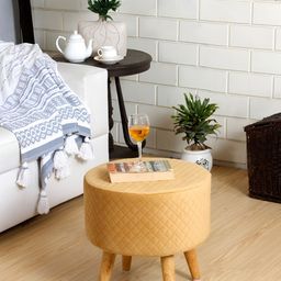 Shadowkart Beige Checked Textured Wooden Round Pouffes Ottoman-image-36