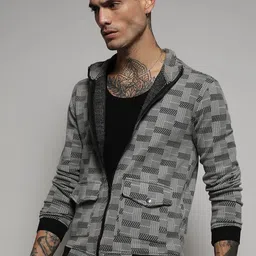 Campus Sutra Checked Windcheater Mock Collar Cotton Crop Tailored Jacket-picture-11