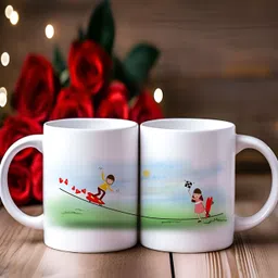 Phirki Studio White & Blue 2 Pieces Printed Ceramic Glossy Mugs 325 ml-33