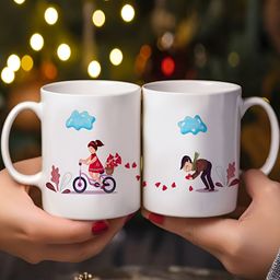 Phirki Studio White & Blue 2 Pieces Printed Ceramic Glossy Mugs 325 ml-43