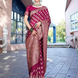 Anouk Pink & Gold-Toned Ethnic Motifs Woven Design Zari Organza Saree-picture-8