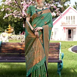 Anouk Turquoise Blue & Gold-Toned Ethnic Motifs Woven Design Zari Saree-picture-17