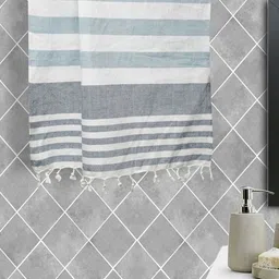 Fabindia White and Blue Striped Cotton 127 GSM Bath Towel-image-0