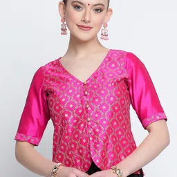 studio rasa Ethnic Motifs Block Printed Button Down Saree Blouse-image-51