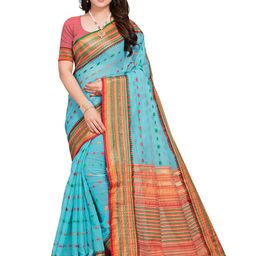 Sidhidata Turquoise Blue & Red Woven Design Zari Kota Saree-image-64