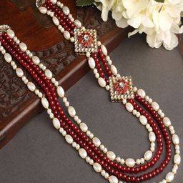 Mahi Men Gold-Plated Maroon & White Layered Glass Beads Dulha Moti Mala Haar Necklace-image-4